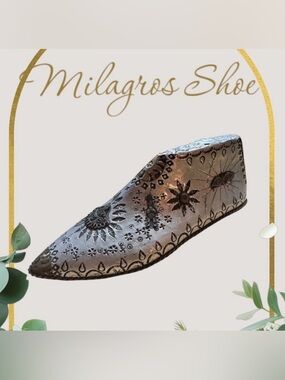 Unique Handmade Folk Art SHOE MOLD Embossed Tin and Milagros Home Decor 9x3”